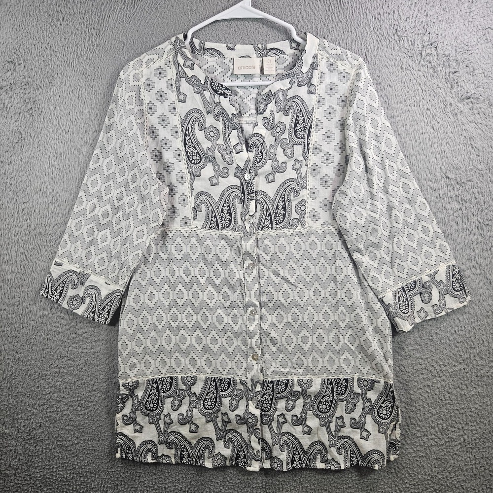 Chico's Tunic Shirt Top Women Size 0  Geometric Paisley‎ Buton Up White Black